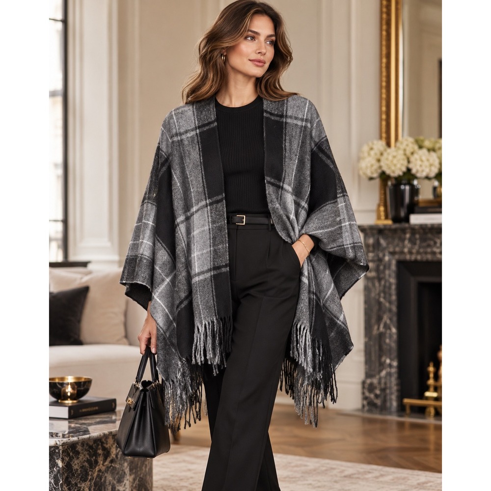 Banana Republic Womens Plaid Fringe Wrap Poncho Black Grey Open Front Cape OS